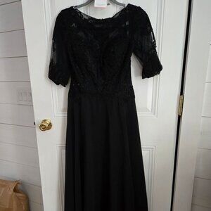 A-line Boat Neck Asymmetrical Chiffon Lace Dress With sequin beading -JJ's House